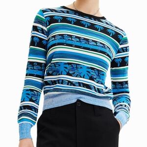 Desigual S Artsy Eclectic Retro Tropical Flamingos Striped Stretch Knit Sweater